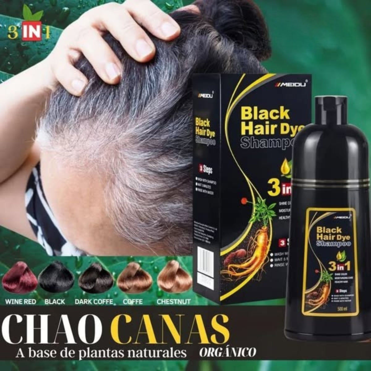 Shampoo líquido para aclarar raíz y canas color negro