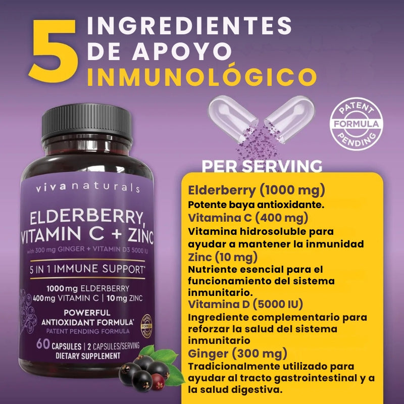 Cápsulas De Elderberry Con Vitamina C + Zinc - OFERTA 2X1